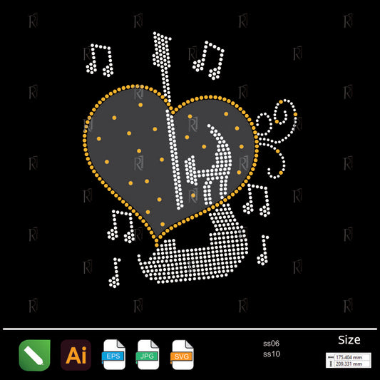 Musical Heart with Guitar Rhinestone – Premium Rhinestone Design by Rhinestone1