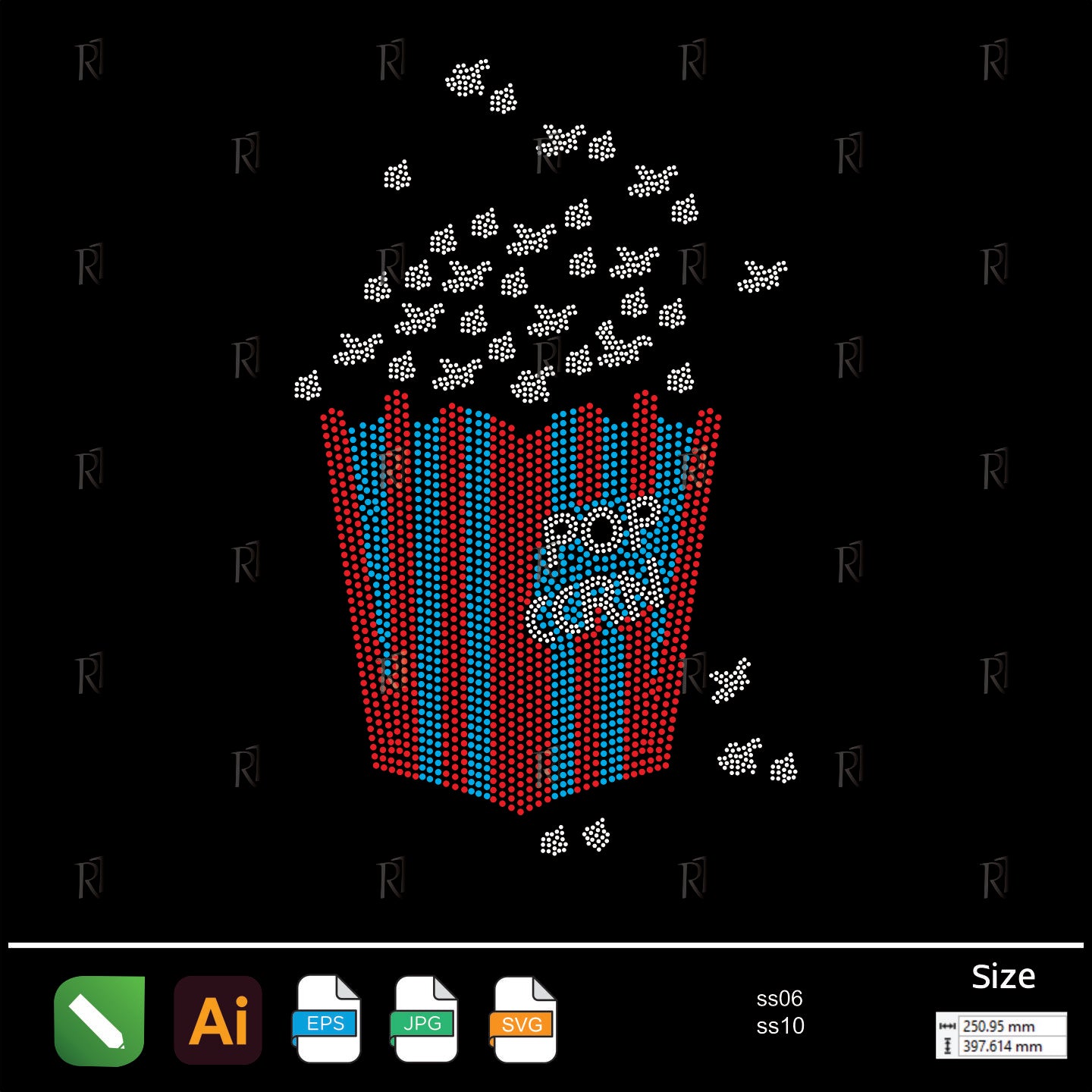 Popcorn Bucket with Flying Kernels Rhinestone Design – Premium Rhinestone Design by Rhinestone1
