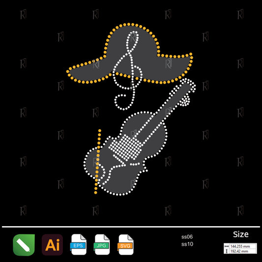 Cowboy Violin with Treble Hat Rhinestone – Premium Rhinestone Design by Rhinestone1
