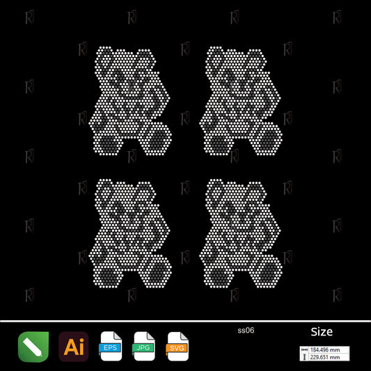 Pixel Teddy Quartet – Premium Rhinestone Design by Rhinestone1