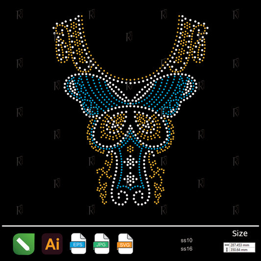 Blue and Gold Ornamental Necklace Rhinestone – Premium Rhinestone Design by Rhinestone1
