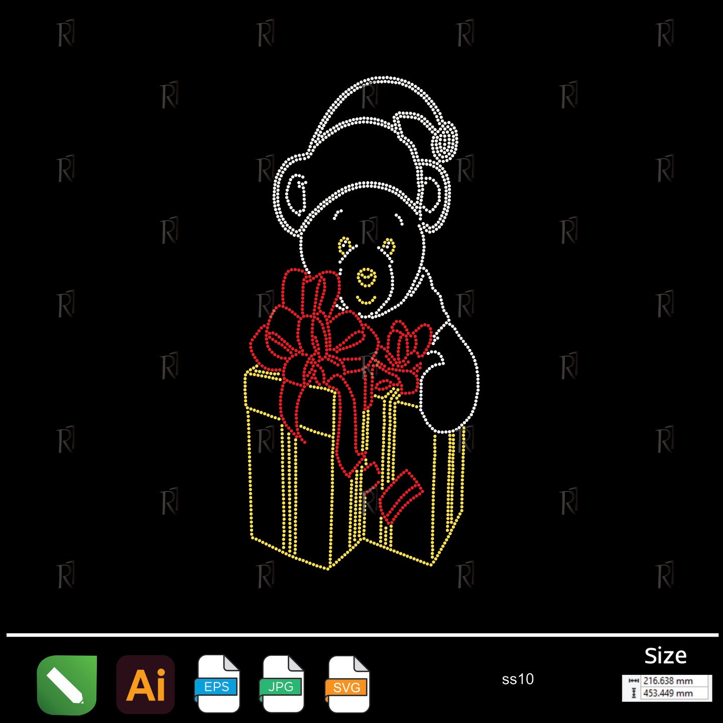 Christmas Teddy Bear with Gift Rhinestone – Premium Rhinestone Design by Rhinestone1