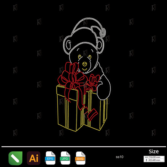 Christmas Teddy Bear with Gift Rhinestone – Premium Rhinestone Design by Rhinestone1