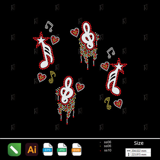 Musical Notes with Hearts Rhinestone Design – Premium Rhinestone Design by Rhinestone1
