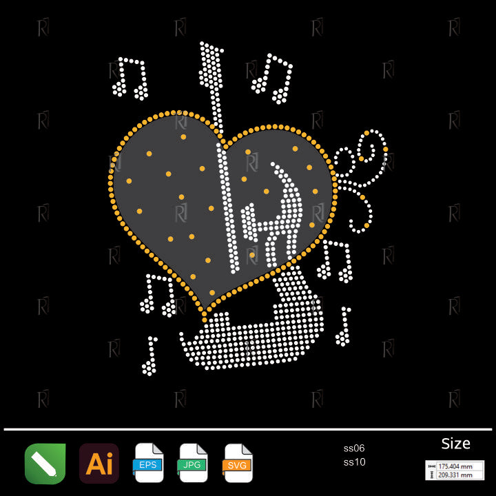 Musical Heart with Guitar Rhinestone – Premium Rhinestone Design by Rhinestone1