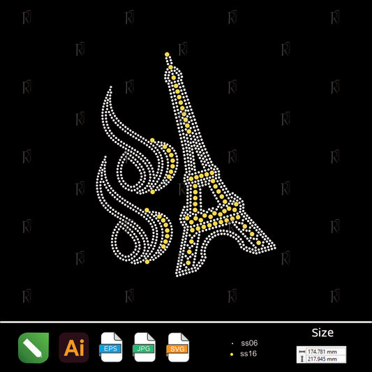 Eiffel Tower with Artistic Swirls Rhinestone Design – Premium Rhinestone Design by Rhinestone1
