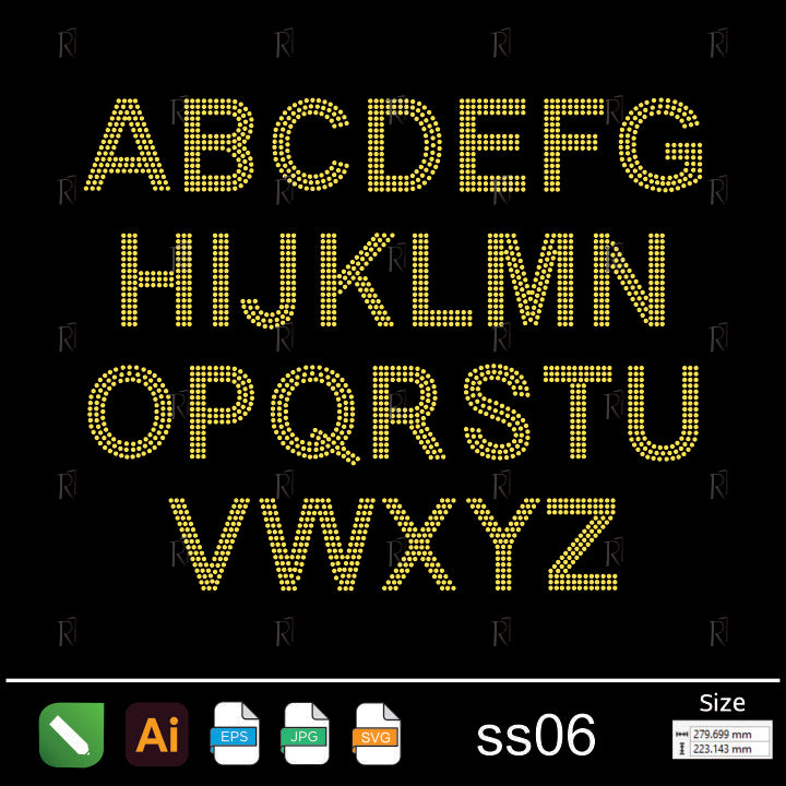 Golden Dotted Alphabet Rhinestone ss06 – Premium Rhinestone Design by Rhinestone1