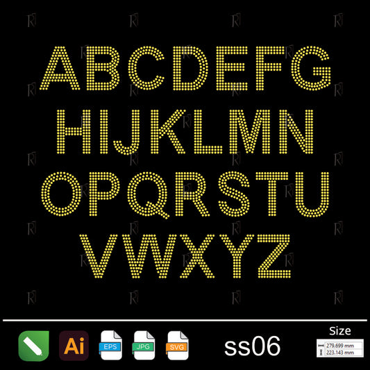 Golden Dotted Alphabet Rhinestone ss06 – Premium Rhinestone Design by Rhinestone1