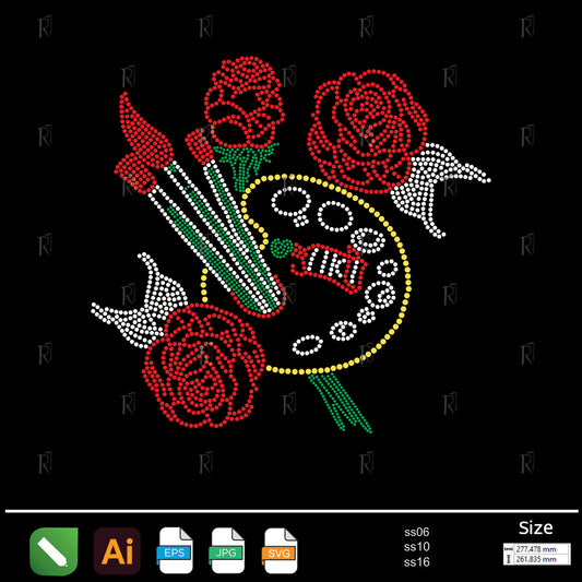 Artistic Palette with Roses Rhinestone – Premium Rhinestone Design by Rhinestone1