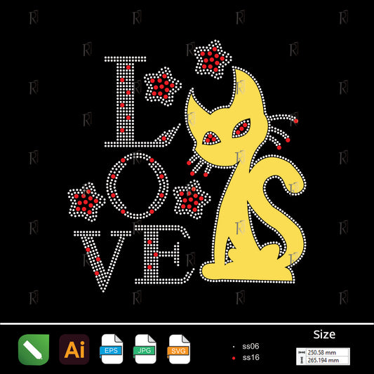 Love Text with Cute Cat Rhinestone Design – Premium Rhinestone Design by Rhinestone1