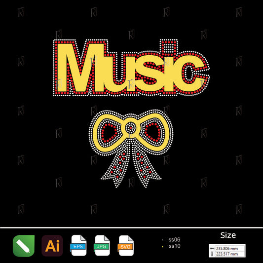 Music Text with Bow Rhinestone Design – Premium Rhinestone Design by Rhinestone1