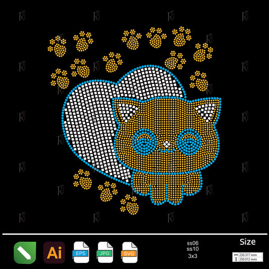 Cute Cat with Heart & Paw Prints Rhinestone – Premium Rhinestone Design by Rhinestone1
