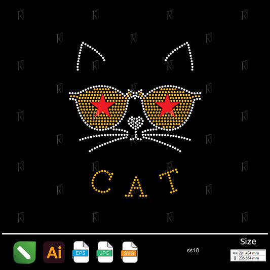 Cool Cat with Star Glasses Rhinestone – Premium Rhinestone Design by Rhinestone1